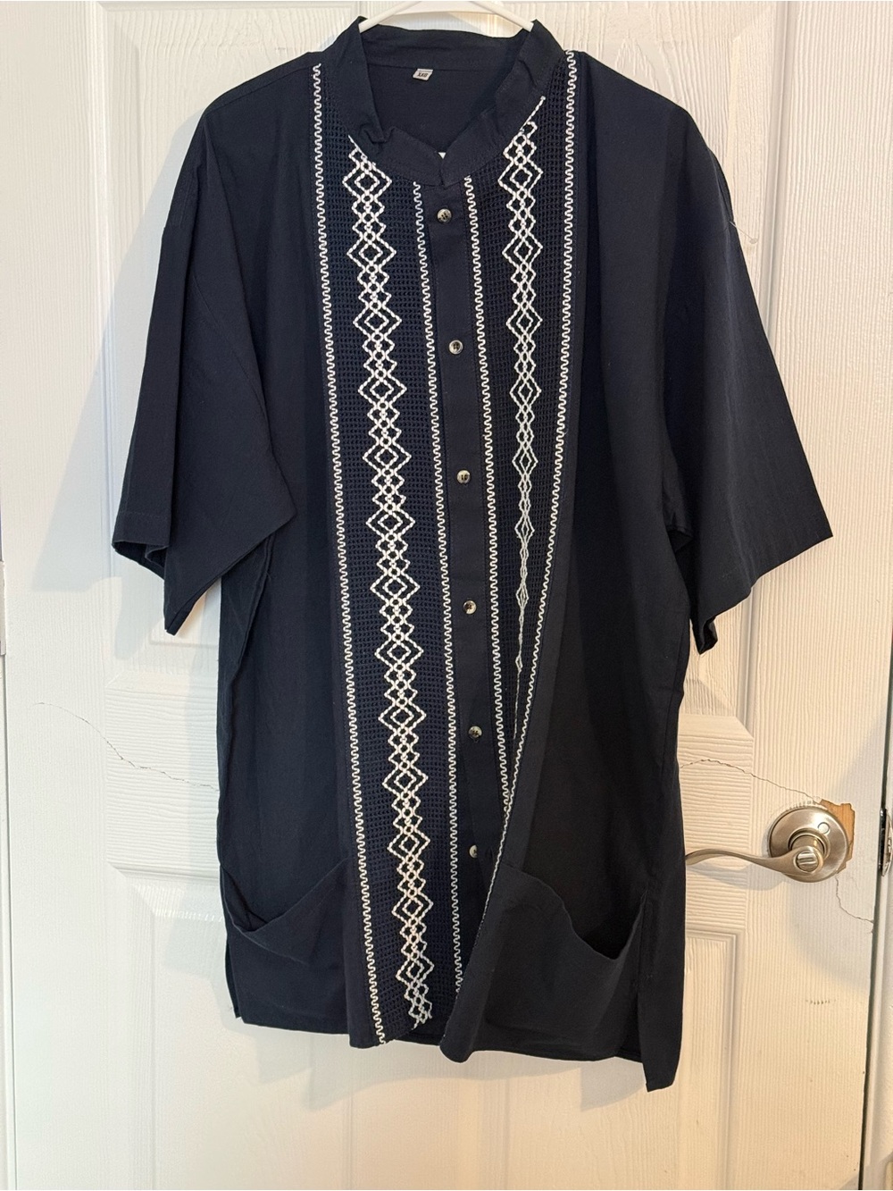 Traditional Mexican Guayabera Embroidered Honeycomb Mesh Wedding Shirt Navy XXL